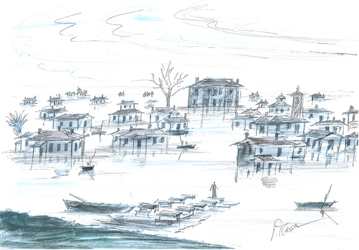 Μακέτα&nbsp;του&nbsp;Γιώργου&nbsp;Πάτσα&nbsp;για&nbsp;το&nbsp;σκηνικό&nbsp;του&nbsp;προσφυγικού&nbsp;χωριού&nbsp;στη&nbsp;λίμνη&nbsp;Κερκίνη