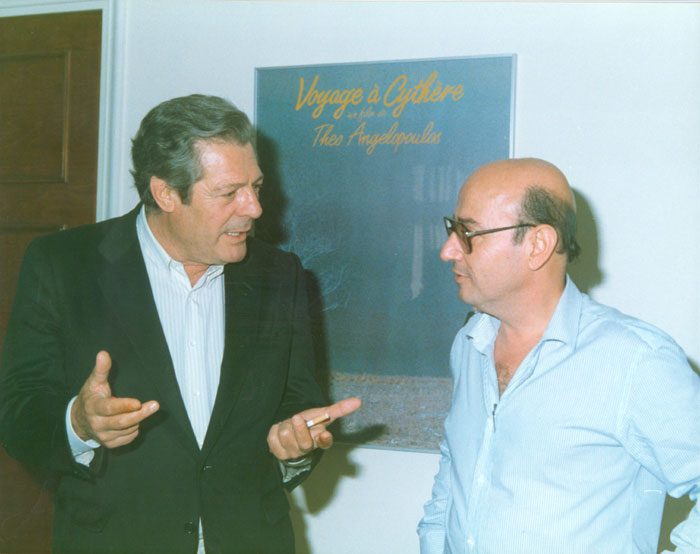 Theo&nbsp;Angelopoulos&nbsp;und&nbsp;Marcello&nbsp;Mastroianni&nbsp;während&nbsp;Dreharbeiten&nbsp;zum&nbsp;Film&nbsp;«Der&nbsp;schwebende&nbsp;Schritt&nbsp;des&nbsp;Storches»,&nbsp;Photo:&nbsp;Anagnostopoulos&nbsp;O.E.&nbsp;1990.